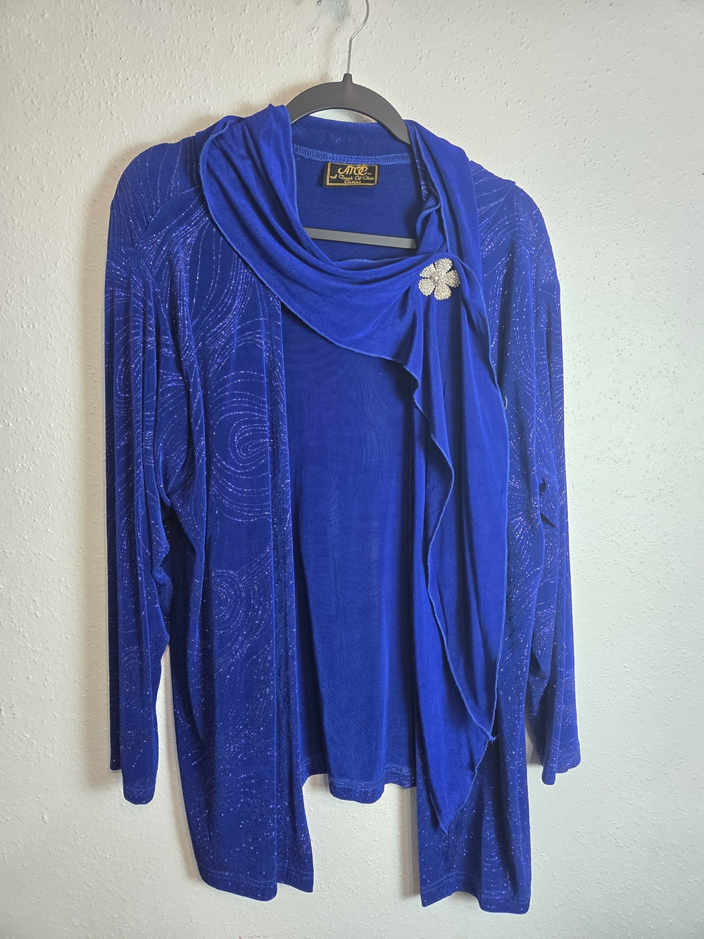 Vintage Sparkle Royal Blue Draped Cardigan with Brooch